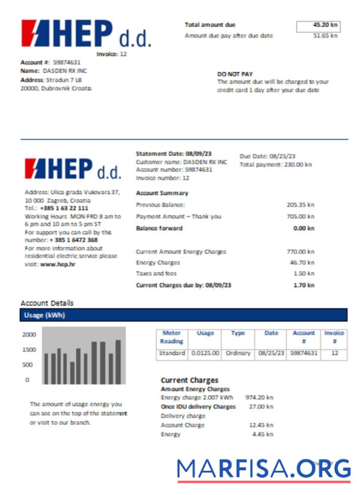 Realistic Hrvatska Elektroprivreda electricity utility business bill, SCR sample